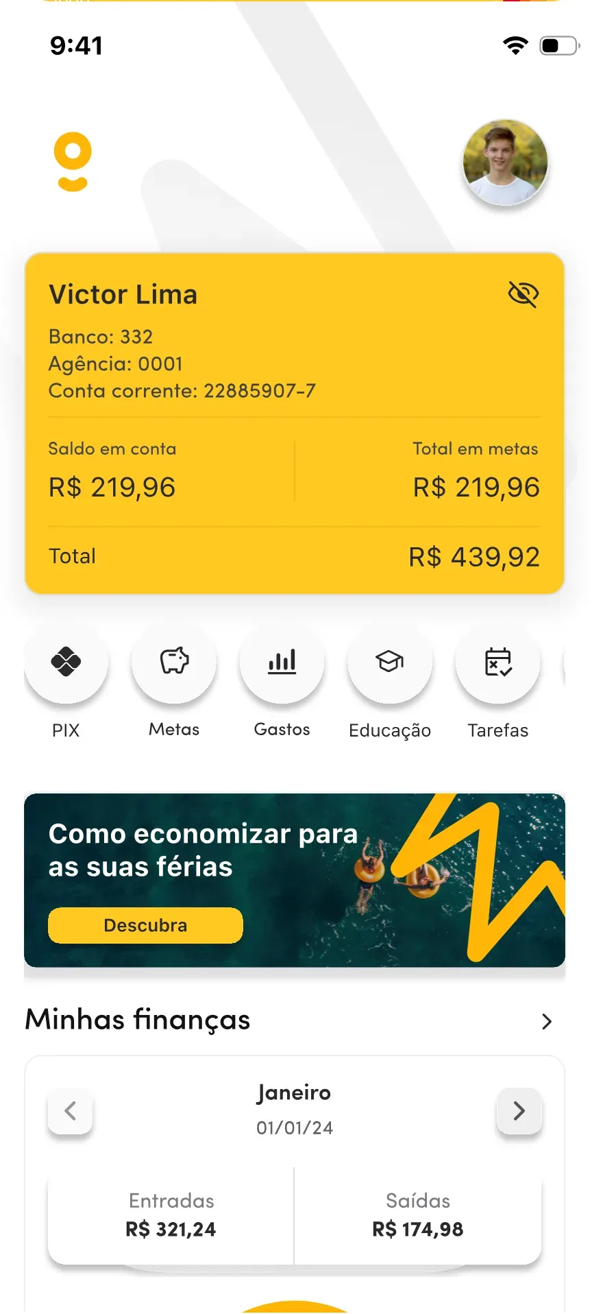 Tela da home do dependente no app Powpay: saldo, metas, tarefas e Pix