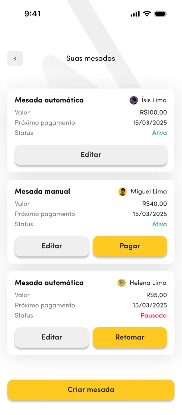Tela de mesada automática e manual no app Powpay