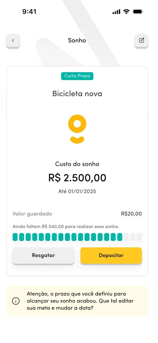Tela de meta no app Powpay: sonho com valor, prazo e barra de progresso